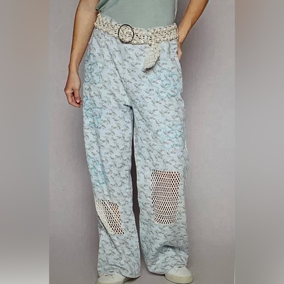 POL Pants - POL Light Blue Floral Patterned Pants with Mesh Accents